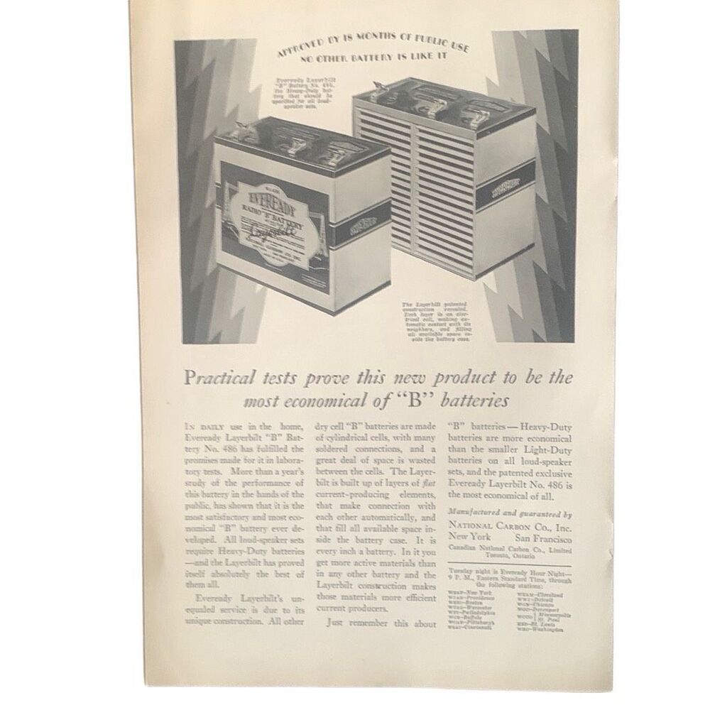 Vintage 1927 Eveready Radio B Battery Ad Advertisement